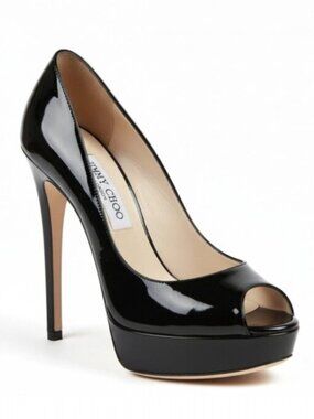 Jimmy Choo Luna Black Patent Leather Peep Toe Platform Stiletto. Heel, Size 36
